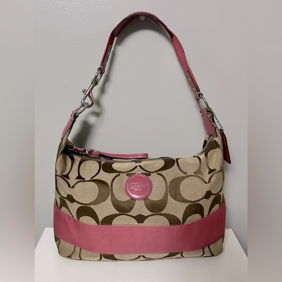 Coach Handbags - Coach Signature C Pink Stripe Khaki Hobo Canvas Shoulder Bag F17434, EUC